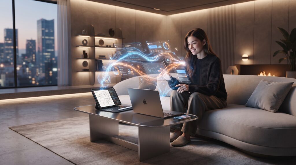 Futuristic Apple devices displaying AI-powered features with a modern digital interface.