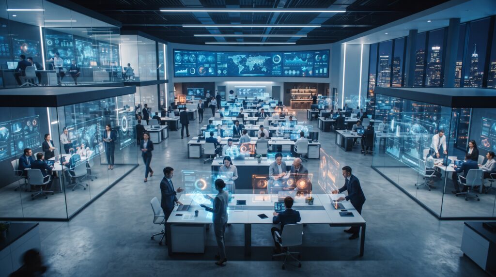 Modern illustration of Microsoft AI technology, cloud infrastructure, and digital innovation.