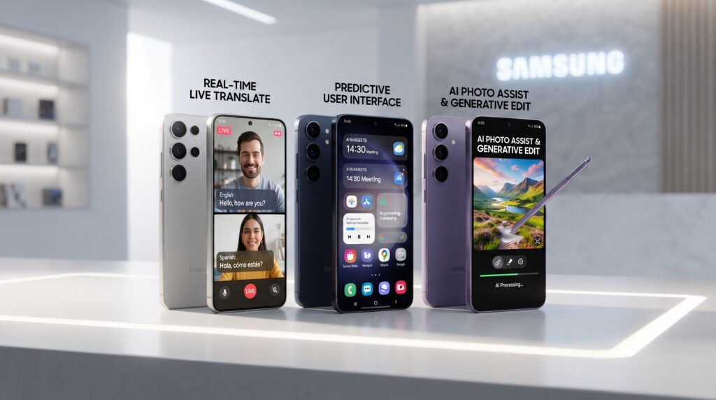 Samsung AI-powered smartphone displaying advanced artificial intelligence features in 2026.